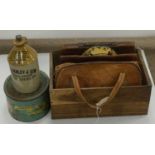 Stoneware bottle, tins, satchels and other items