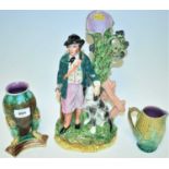 Staffordshire group, Majolica vase and jug