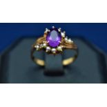 9ct gold amethyst and seed pearl ring