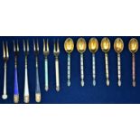 Norwegian silver gilt and enamel spoons and forks