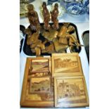 Carved wooden figures, plaques and marquetry panels