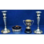 Pair of silver candlesticks, trophy and box