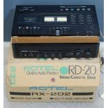 A Rotel stereo cassette deck; and stereo receiver.