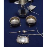 silver cream jug; 2 salts and spoons; sherry label