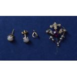 Seed pearl and ruby art nouveau pendant; pair opal earrings.