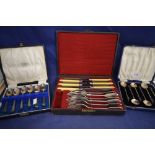Silver teaspoons and plated cutlery set