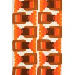 Screen printed fabric, c1970's, orange and mustard squares and brown and white