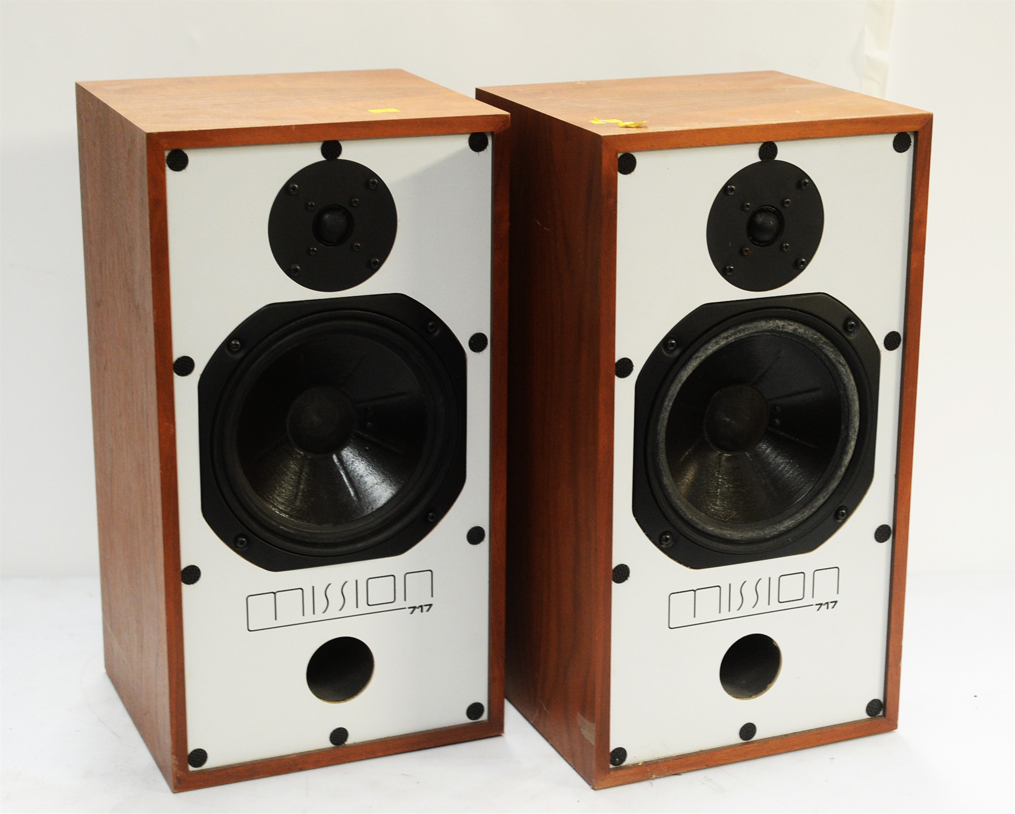 Pair of Mission 717 hi-fi speakers; and two pairs of floor stands.