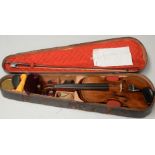 Violin and bow cased with restorers label Thomas Alexander, 1968