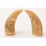A pair of 19th Century scrimshaw marine teeth, probably whale, one carved with a seated couple under