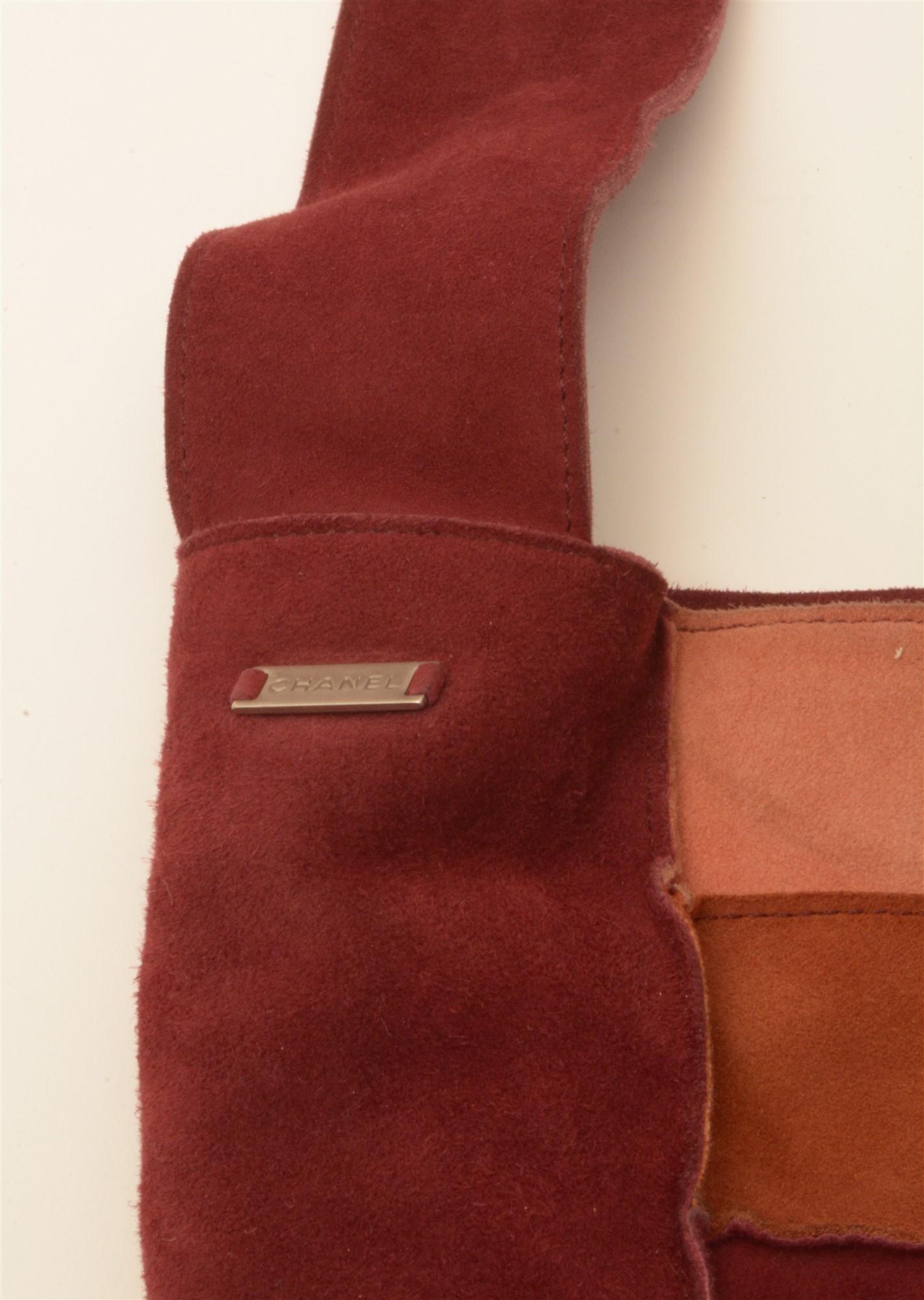 Chanel: A suede hand bag, in claret, brown and flesh colours, with serial in inside corner - Image 2 of 3