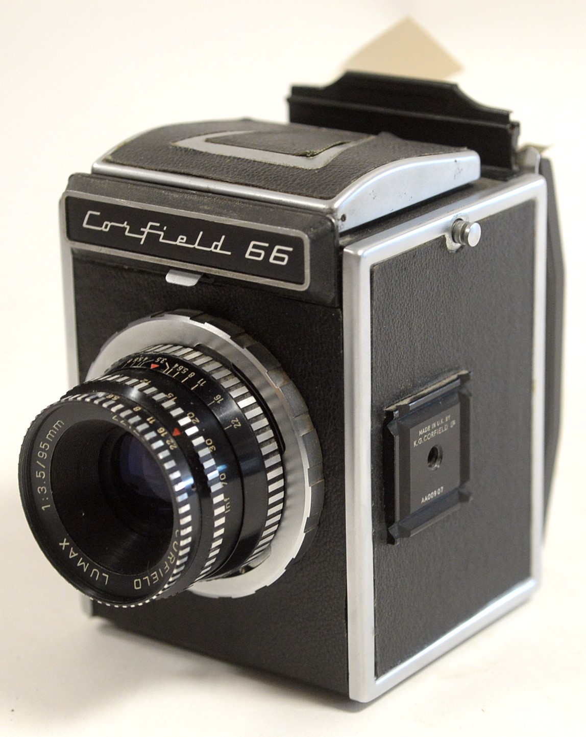 A Corfield 66 medium-format SLR camera, fitted a Lumax 95mm f3.5 lens.