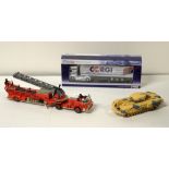 Corgi Classics American fire engine; Scania refrigerating ruck; and a British Army tank.