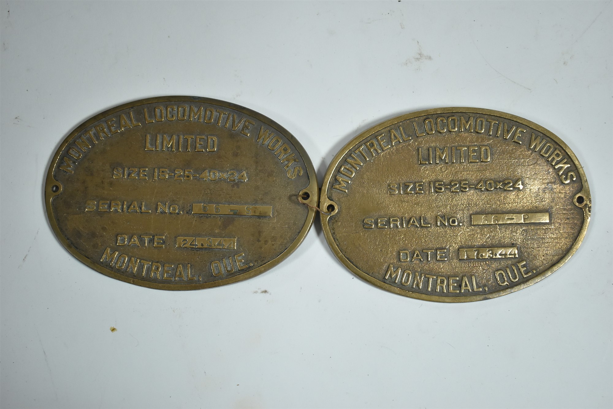 Engine Builder's Plates: Montreal Locomotive Works No. 66P and 66S.