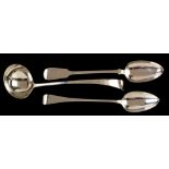 Two silver gravy spoons and a ladle