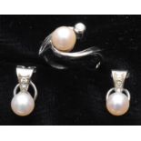 Pearl and diamond ring and earrings