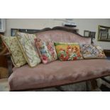 Three wool tapestry cushions and two others (5)