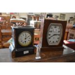 A 1930s Smith's wooden cased mantel clock and a black slate and marble mantel clock (2)