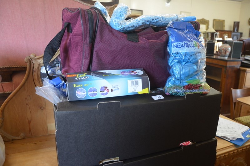 Two boxes and a holdall containing new cleaning cloths and mops, to/w a quantity of bags of party