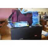 Two boxes and a holdall containing new cleaning cloths and mops, to/w a quantity of bags of party