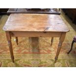 Antique waxed pine rectangular side table with end drawer, raised on turned supports
