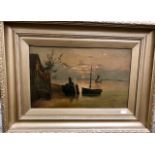 F R Offer - Estuary sunset with moored dingy, oil on canvas, signed