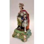 A 19th century soft paste porcelain figure of a monarch seated on a chair, raised on a square
