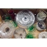 A box of mainly pressed glass including tazzas, comport, green glass bowls etc.