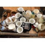 A mixed box of china and collectables including Belleek, Portmeirion Magic City, Edwardian parasol