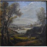 Continental school - A pastoral view with figures on hillside overlooking lake, oil on canvas, 29