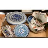 A Chinese blue and white, dragon decorated plate; a large Mason's Ironstone ewer; and a quantity