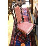 Victorian mahogany framed side chair with barley twist supports and turned stretchers