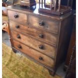 Victorian mahogany chest of two short and three long drawers with turned pulls, raised on bracket