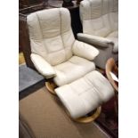 Pair of 'Stressless' cream leather armchairs to/w a matching footstool