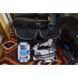 Black & Decker electric drill, Powertools jigsaw, box of drill bits, hammer etc. in holdall [BP72,