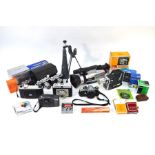A quantity of camera equipment including Pentax Me body with Miranda 75-300mm 1:45-5.6 MC Macro
