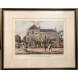 Three Pollard coaching engravings - The Mail Coach Changing Horses, The Elephant and Castle on the