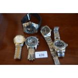 Five gentlemen's watches - recovered from Police, replica branded Gucci, Rolex, Armani etc. [BP51]