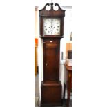 'John Cerne' oak long case clock with painted dial and eight day movement c/w pendulum and weights