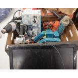 Box of various power tools including a heat gun, angle grinder, sander etc to/w Remington shaver