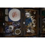 Two boxes of china, glass and collectables to include Poole Pottery, continental tin glazed wet