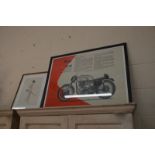 A framed print advertising the Norton Manx 30-40 motorcycle and a framed print of man holding a