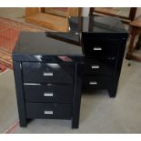 Pair of contemporary gloss black three drawer bedside cabinets of a bevelled glass design with