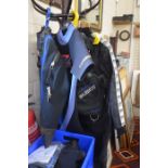 Assorted diving and wetsuits, to include a Dui all-in-one to/w a collection of neoprene boots