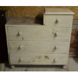 Antique painted pine four drawer chest with turned pulls on bun feet to/w a copper coal box, fire