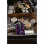 Two boxes containing kitchenalia to include three Botanic Garden Portmeirion canisters, scales and