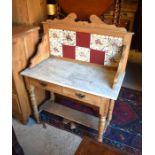 Pine tile back marble top washstand with two drawers raised on turned supports