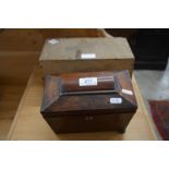 A sarcophagus-shaped tea caddy, to/w an unopened wooden case of tea (2)