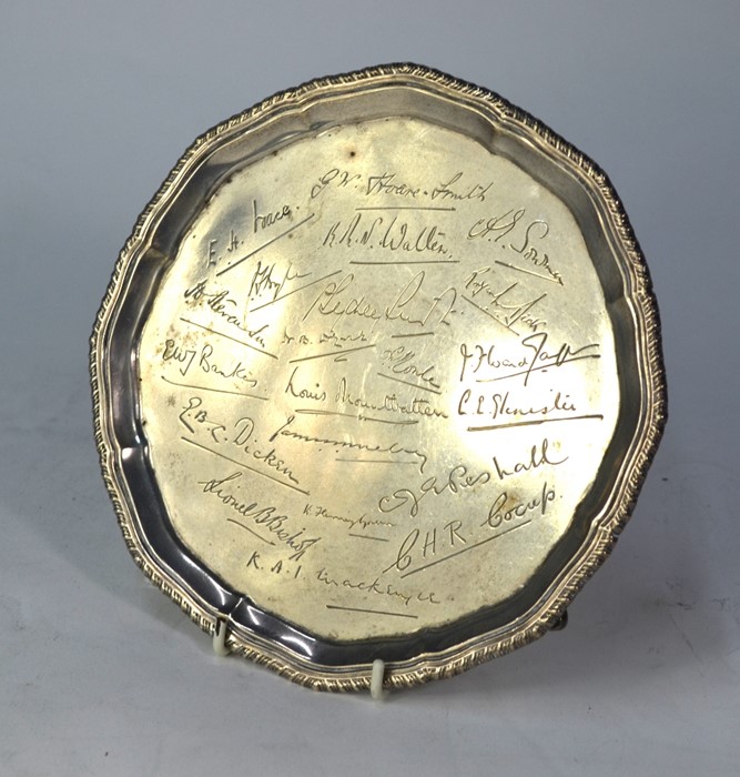 Naval Interest: A silver salver with gadrooned rim and four hoof feet, engraved with facsimile - Image 2 of 2