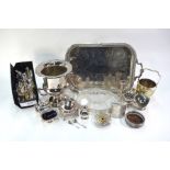 An epns champagne/ice bucket, to/w a galleried tray, various flatware, sugar scuttle, three-piece